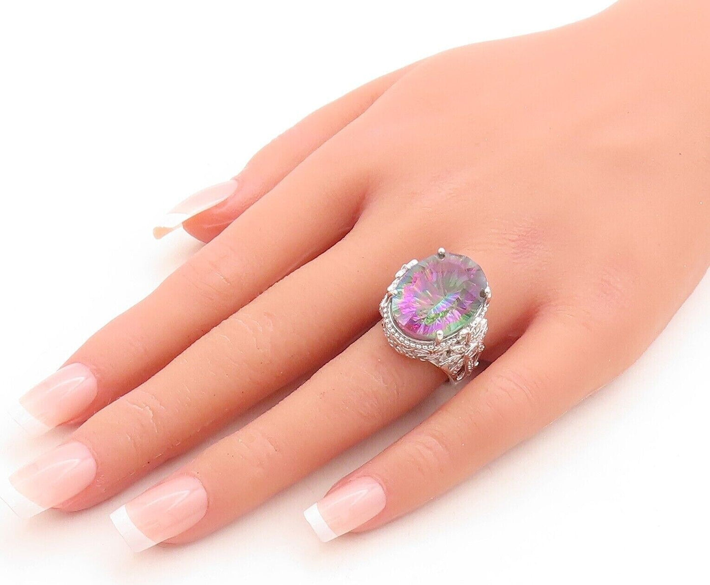 925 Sterling Silver Vintage Ring Floral Carved Oval Mystic Topaz Sz 7.5 RG30087