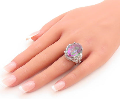 925 Sterling Silver Vintage Ring Floral Carved Oval Mystic Topaz Sz 7.5 RG30087