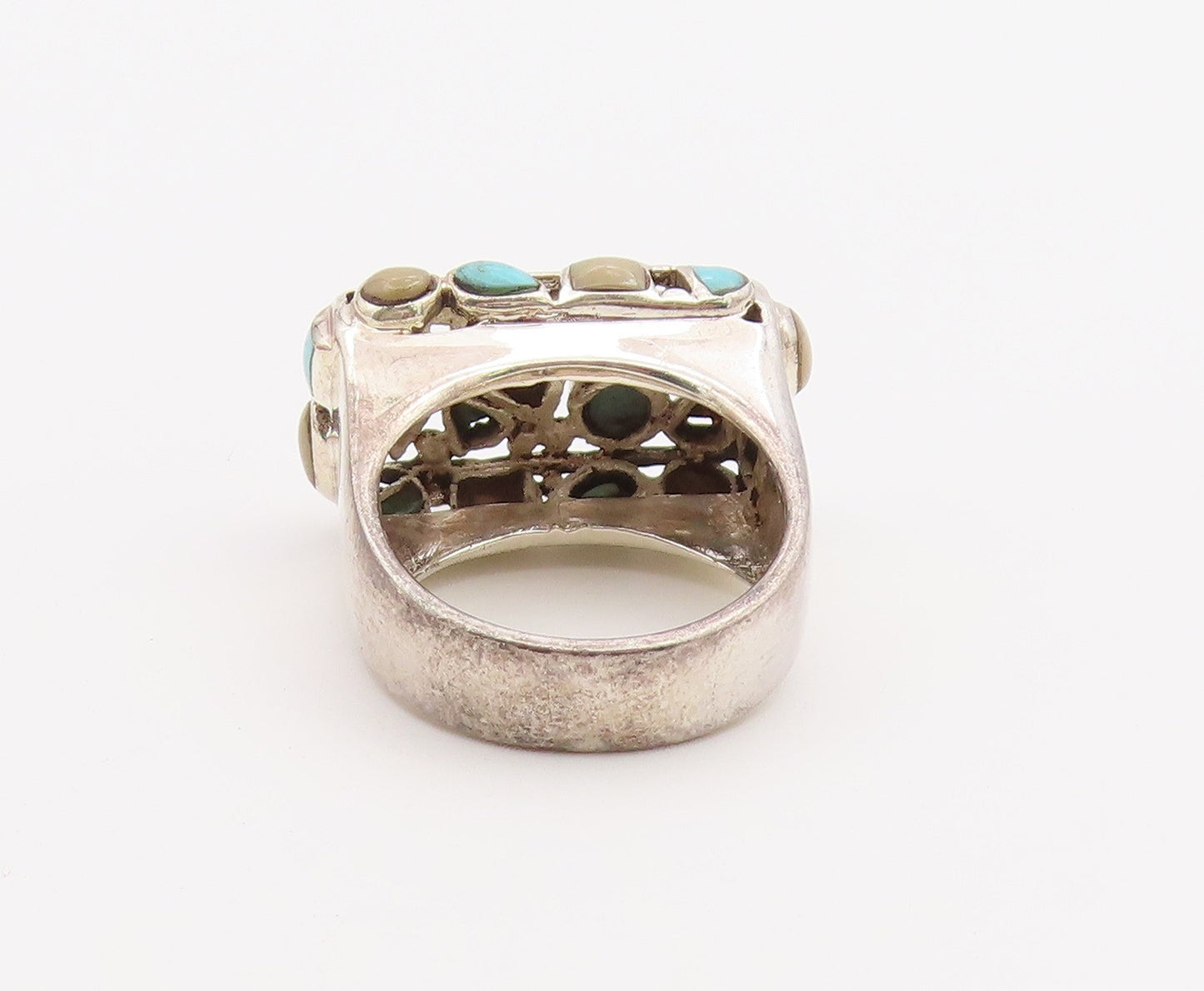 925 Sterling Silver Vintage Ring Turquoise Wide Openwork Band  Sz 6.5  RG36506