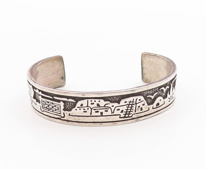925 Sterling Silver Vintage Bracelet NAVAJO Village Life Carved Cuff  BT11342