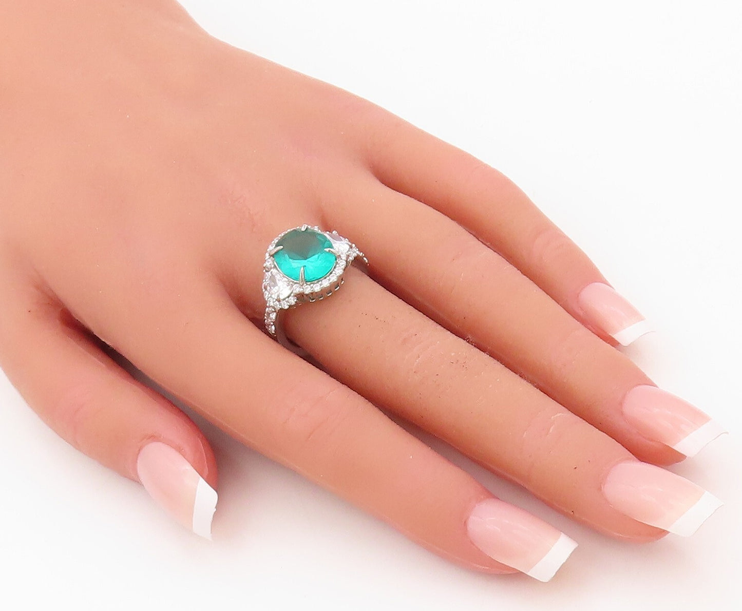 925 Sterling Silver Vintage Ring Oval Sea Green Halo White CZ Inlay Sz 7 RG30449