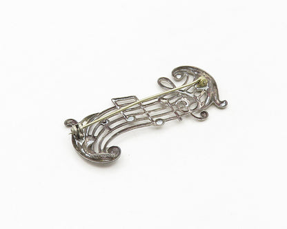925 Sterling Silver  Vintage Antique Shiny Music Notes Brooch Pin  BP7082