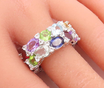 925 Sterling Silver Vintage Ring Multi Shape Gemstones Double Band Sz 8 RG30971