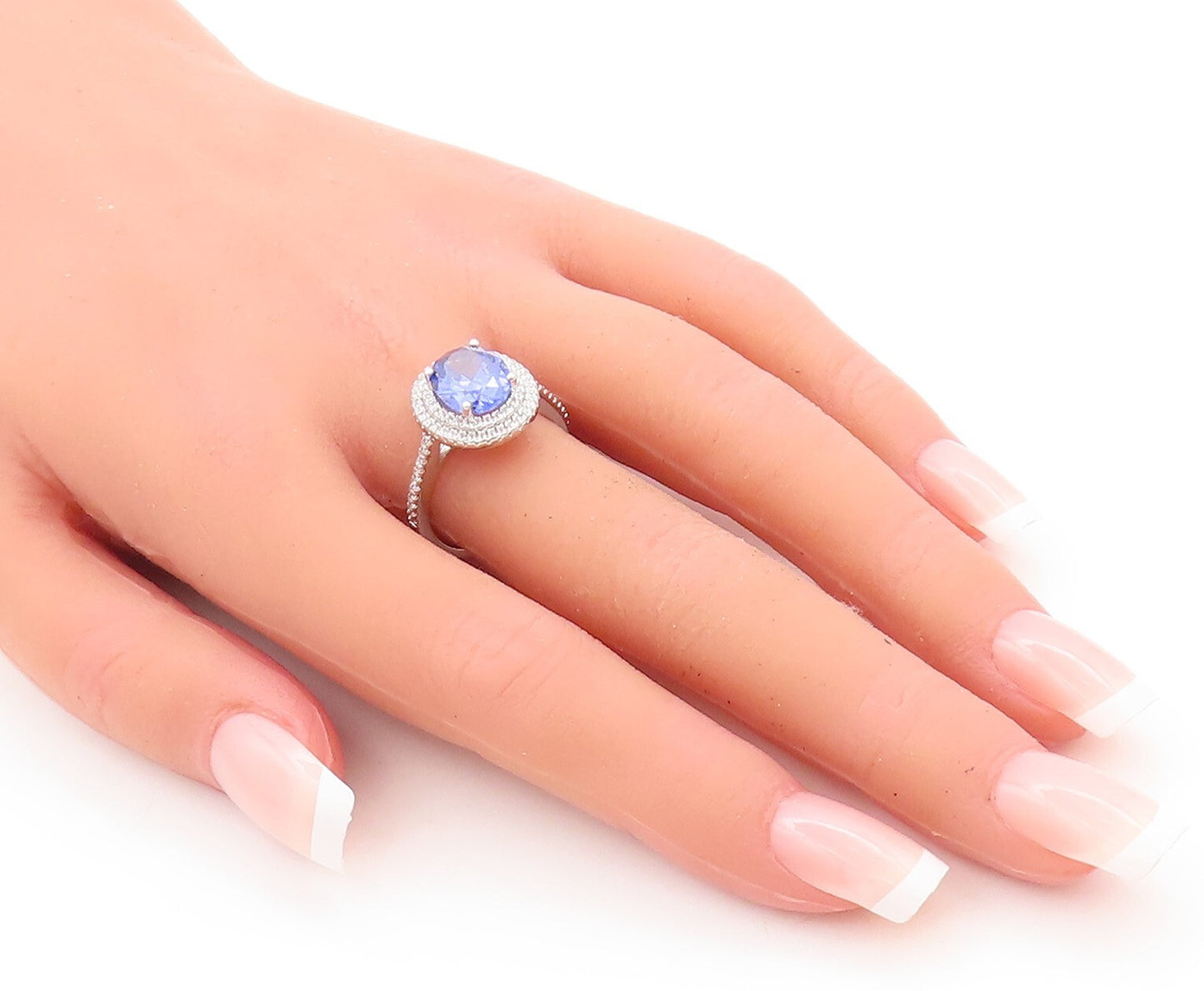 925 Sterling Silver Vintage Ring Oval Cut Blue Halo White CZ Band  Sz 7  RG29549