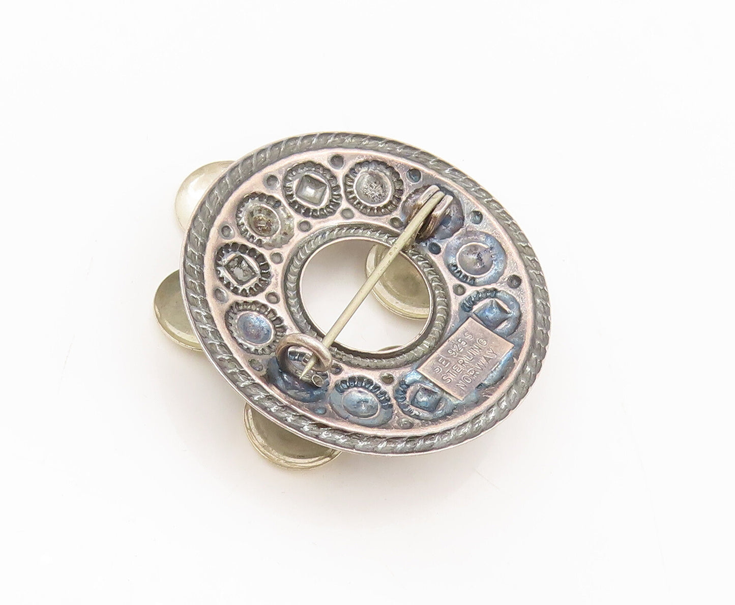 NORWAY 925 Silver  Vintage Solid Twisted Rope Carved Round Brooch Pin  BP10496