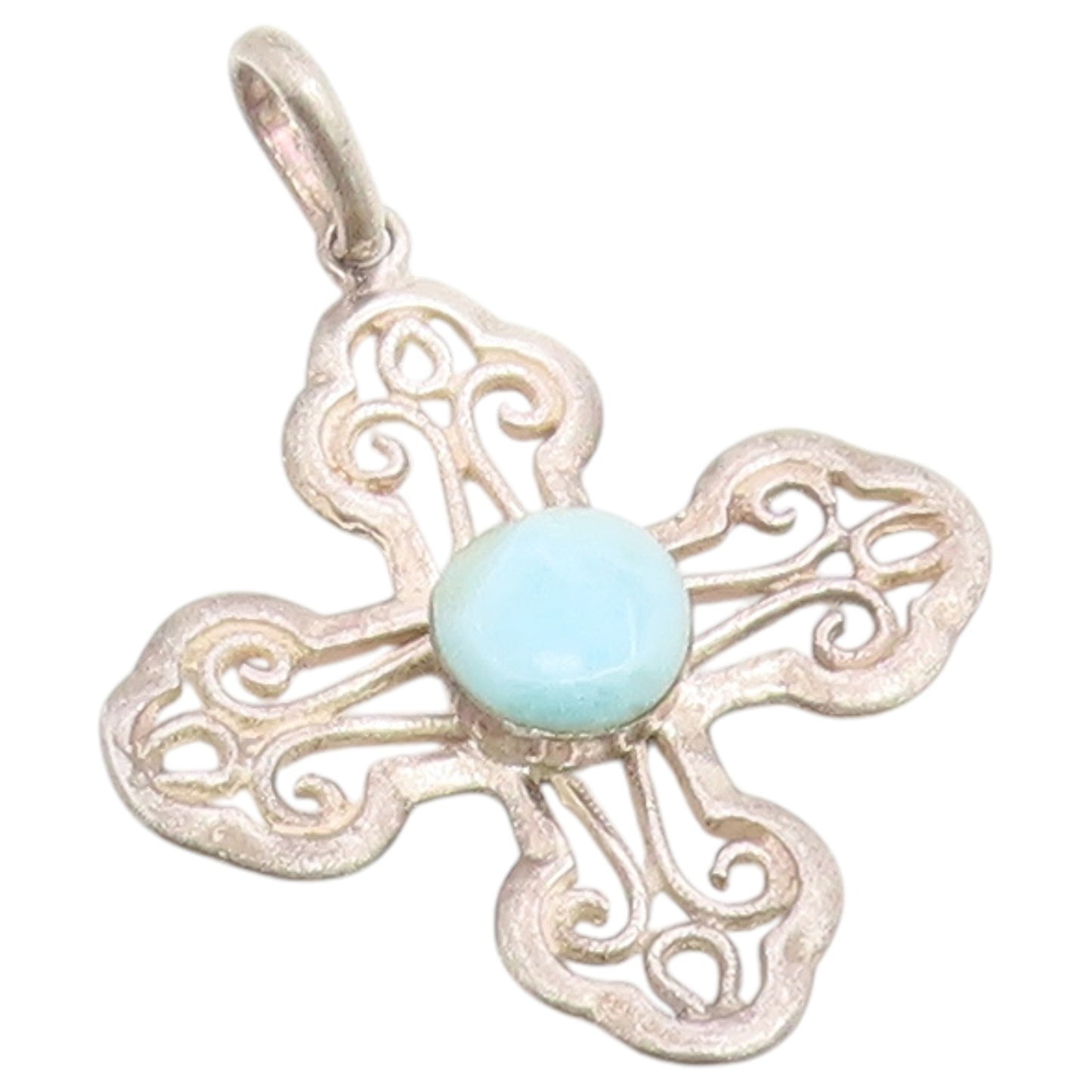 925 Sterling Silver Vintage Pendant Larimar Scrollwork Religious Cross  PT26523