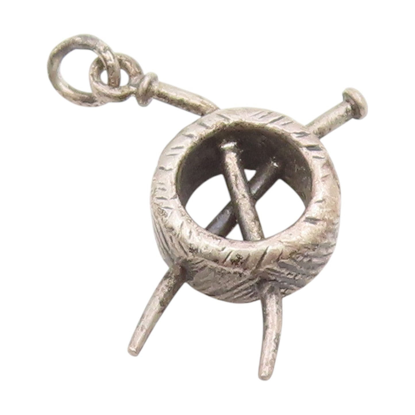 925 Sterling Silver Vintage Pendant Knitting Needle & Yarn Ball Charm  PT25697