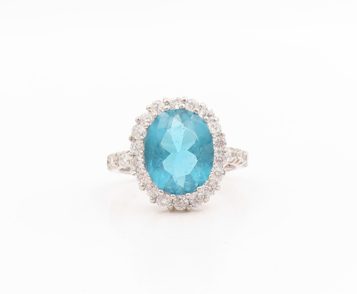 925 Sterling Silver Vintage Ring Faceted Blue Topaz Halo CZ Band  Sz 6  RG33920