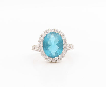 925 Sterling Silver Vintage Ring Faceted Blue Topaz Halo CZ Band  Sz 6  RG33920