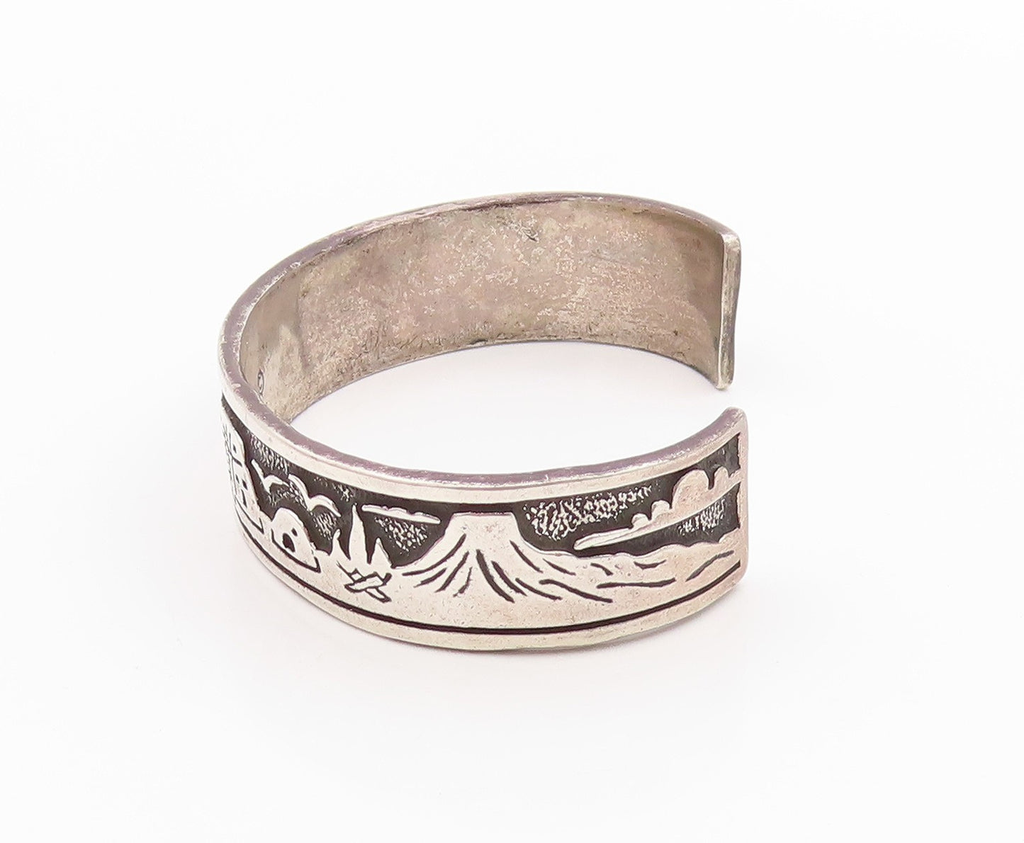 925 Sterling Silver Vintage Bracelet NAVAJO Village Life Carved Cuff  BT11342