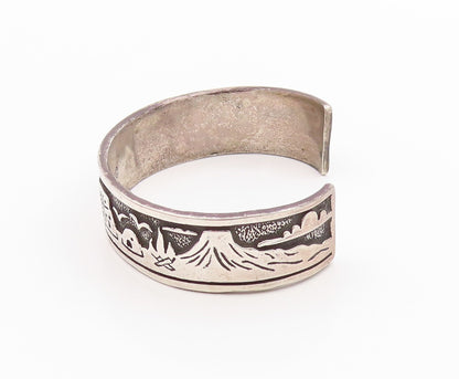 925 Sterling Silver Vintage Bracelet NAVAJO Village Life Carved Cuff  BT11342