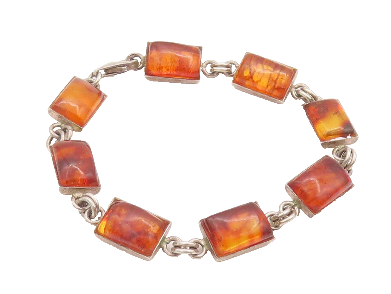 925 Sterling Silver Vintage Bracelet Solid Rectangular Linked Amber   BT10267