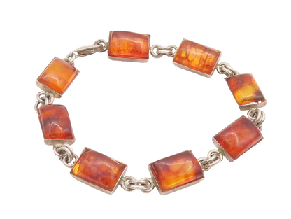 925 Sterling Silver Vintage Bracelet Solid Rectangular Linked Amber   BT10267