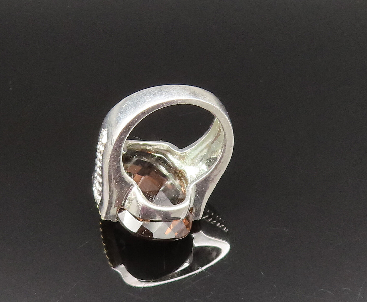 925 Silver  Vintage Two Tone Smoky Quartz Braided Shank Ring Sz 6  RG25629