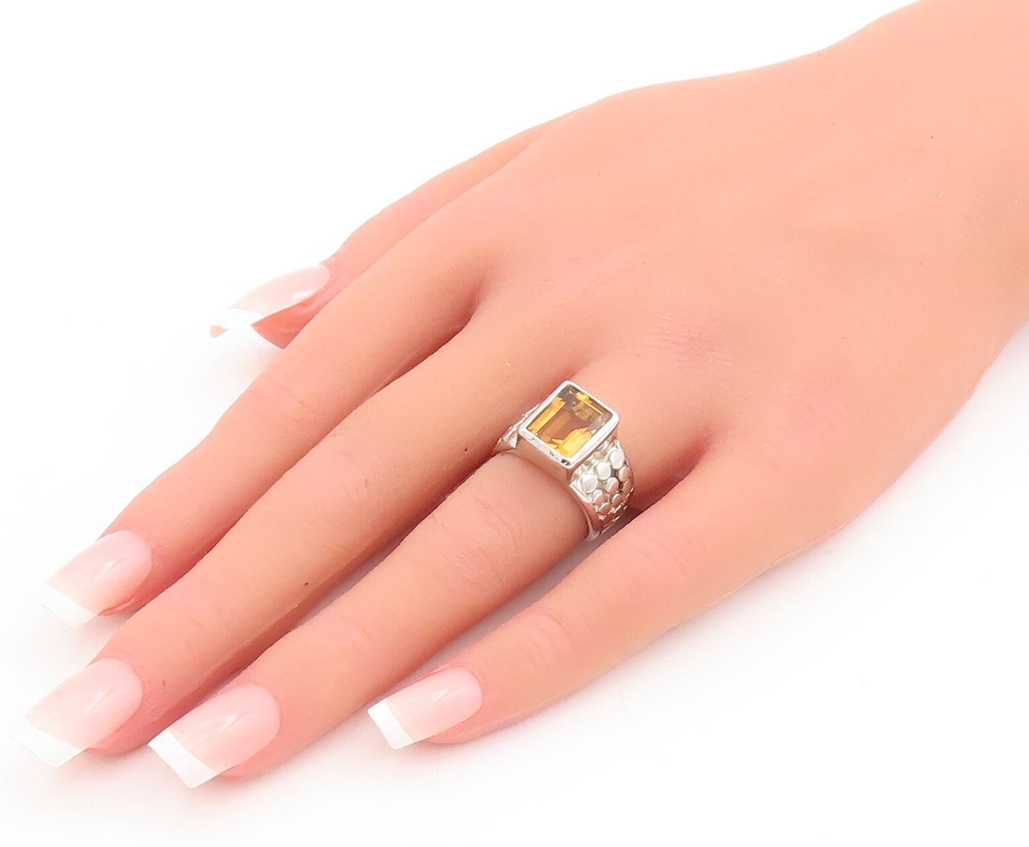 925 Sterling Silver Vintage Ring Beaded Shank Inlay Citrine  Sz 6  RG28683