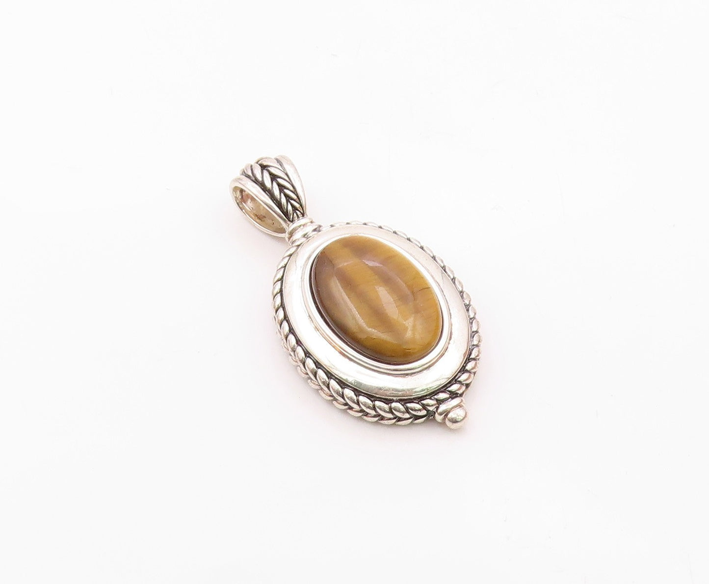 925 Sterling Silver  Vintage Cabochon Cut Tiger's Eye Wheat Pendant  PT17549