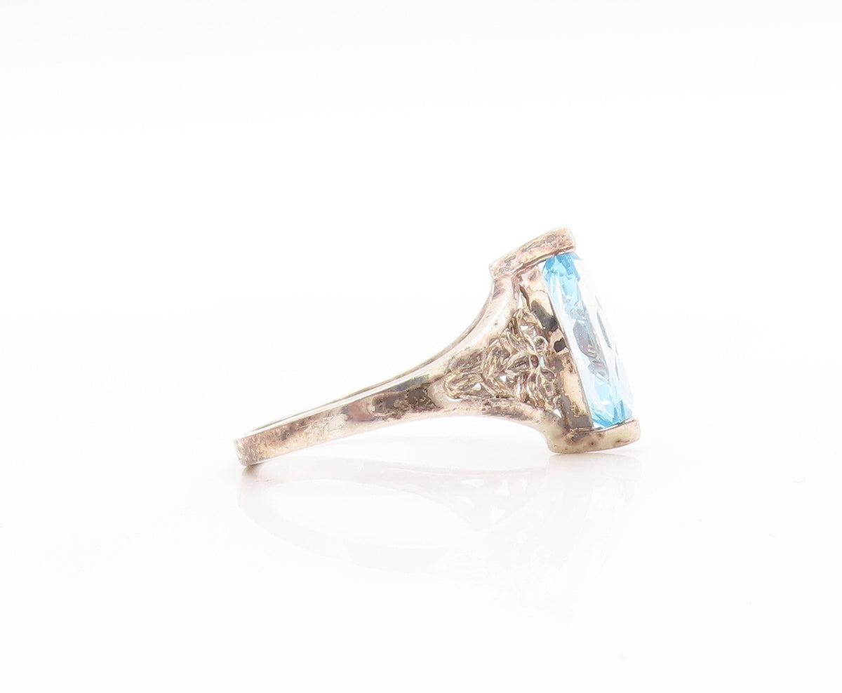 925 Sterling Silver Vintage Ring Marquise Topaz Flowers Cutout  Sz 10  RG32754