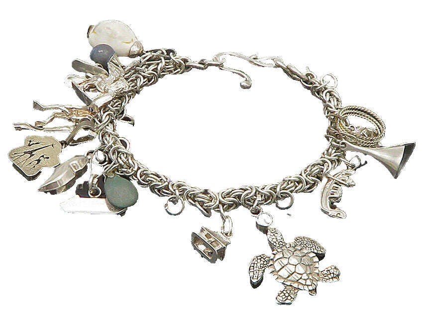 LIZ RON 925 Silver  Vintage Turtle Bear Paw & Multi Charm Bracelet  BT9392
