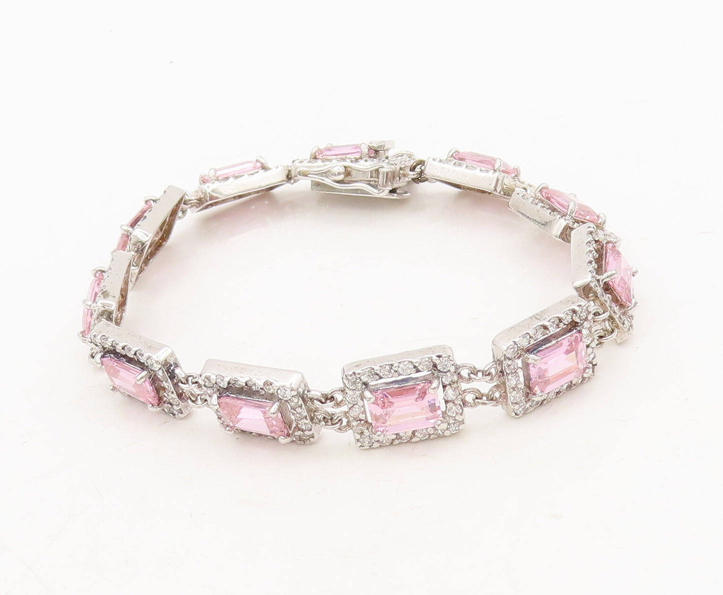925 Sterling Silver Vintage Bracelet Rectangle Link Pink Halo White CZ  BT10249