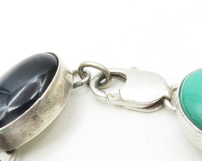 925 Sterling Silver  Vintage Malachite & Black Onyx Chain Bracelet  BT4442