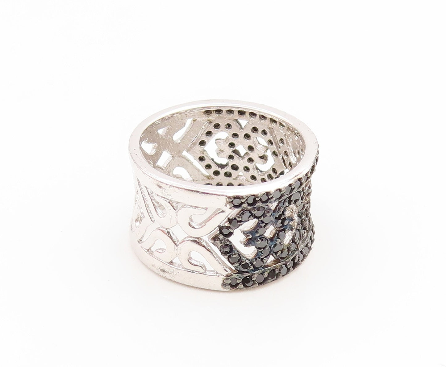 925 Sterling Silver Vintage Ring Spinel Openwork Floral Wide Band  Sz 7  RG35236