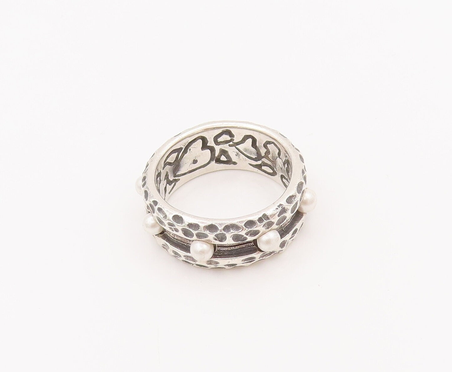 925 Sterling Silver Vintage Ring Solid Dented Borders & Beaded  Sz 7  RG28114