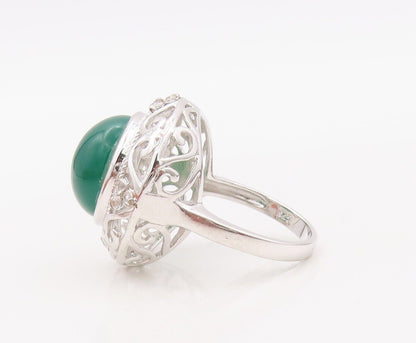 925 Sterling Silver Vintage Ring Swirly Cutout Round Green Onyx  Sz 7.5 RG30213