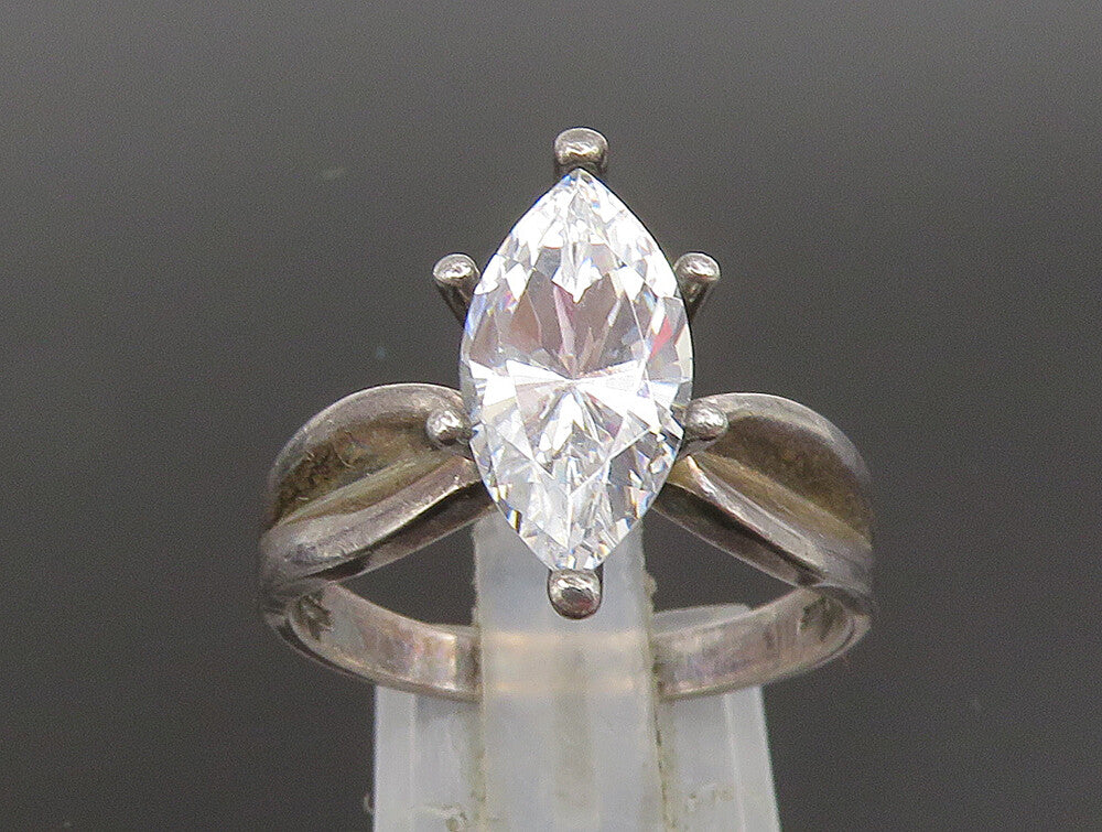 925 Silver  Vintage Marquise Cubic Zirconia Concave Shank Ring Sz 10  RG25311