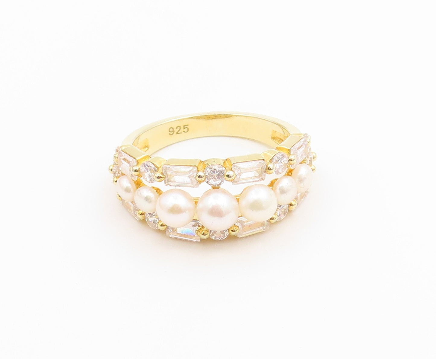 925 Sterling Silver Vintage Ring Gold Plated Pearl Statement Band  Sz 8  RG36782