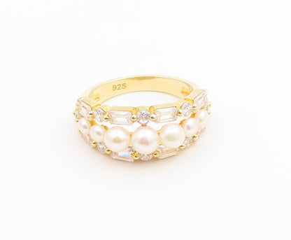 925 Sterling Silver Vintage Ring Gold Plated Pearl Statement Band  Sz 8  RG36782