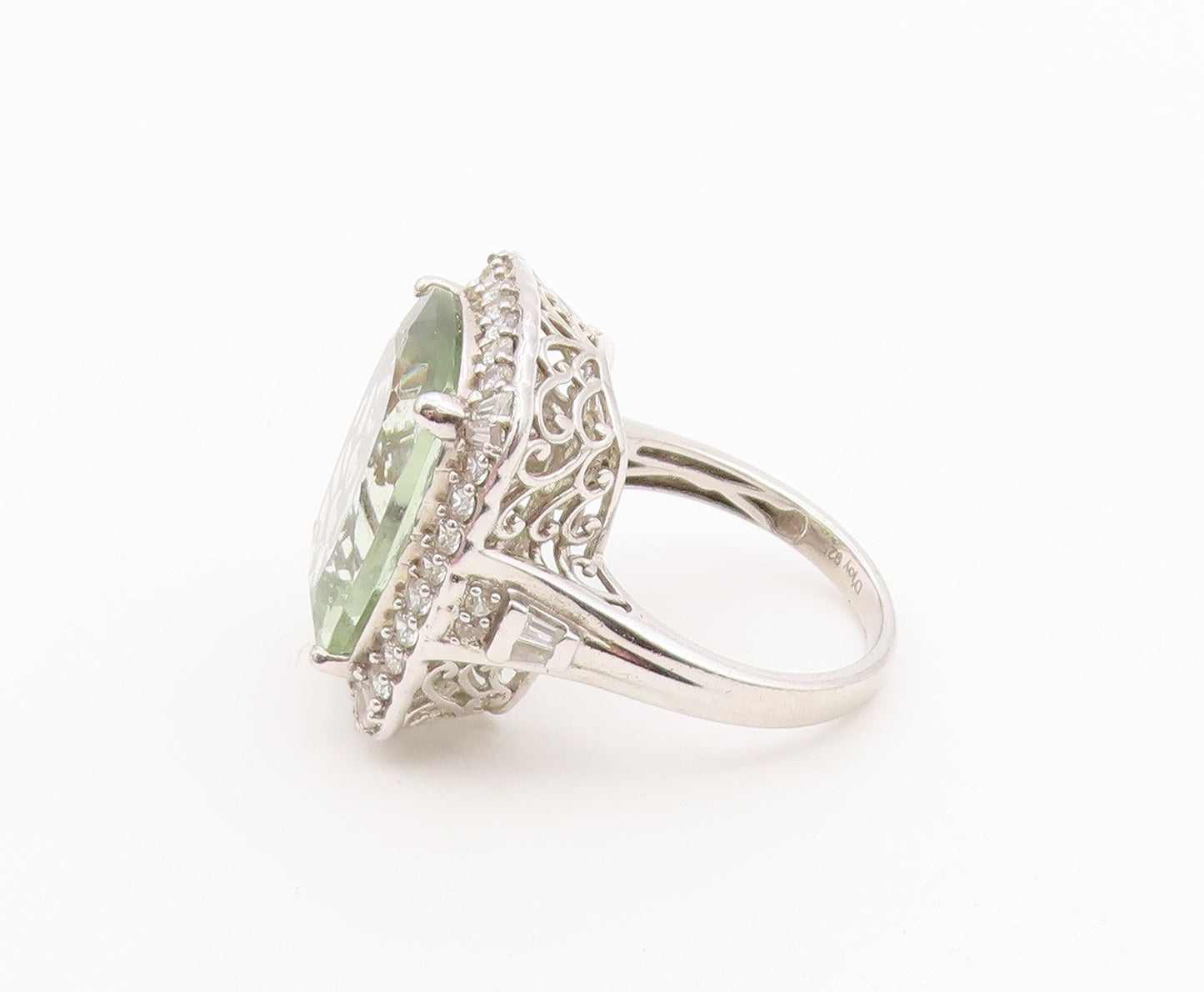 925 Sterling Silver Vintage Ring D'JOY Green Amethyst Halo Topaz  Sz 10  RG36492