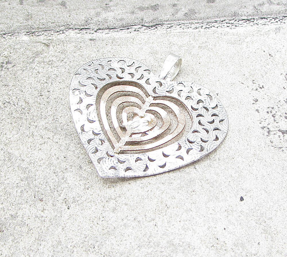 925 Sterling Silver Cut Out 2 Tone Love Heart & Butterfly Drop Pendant PT1398