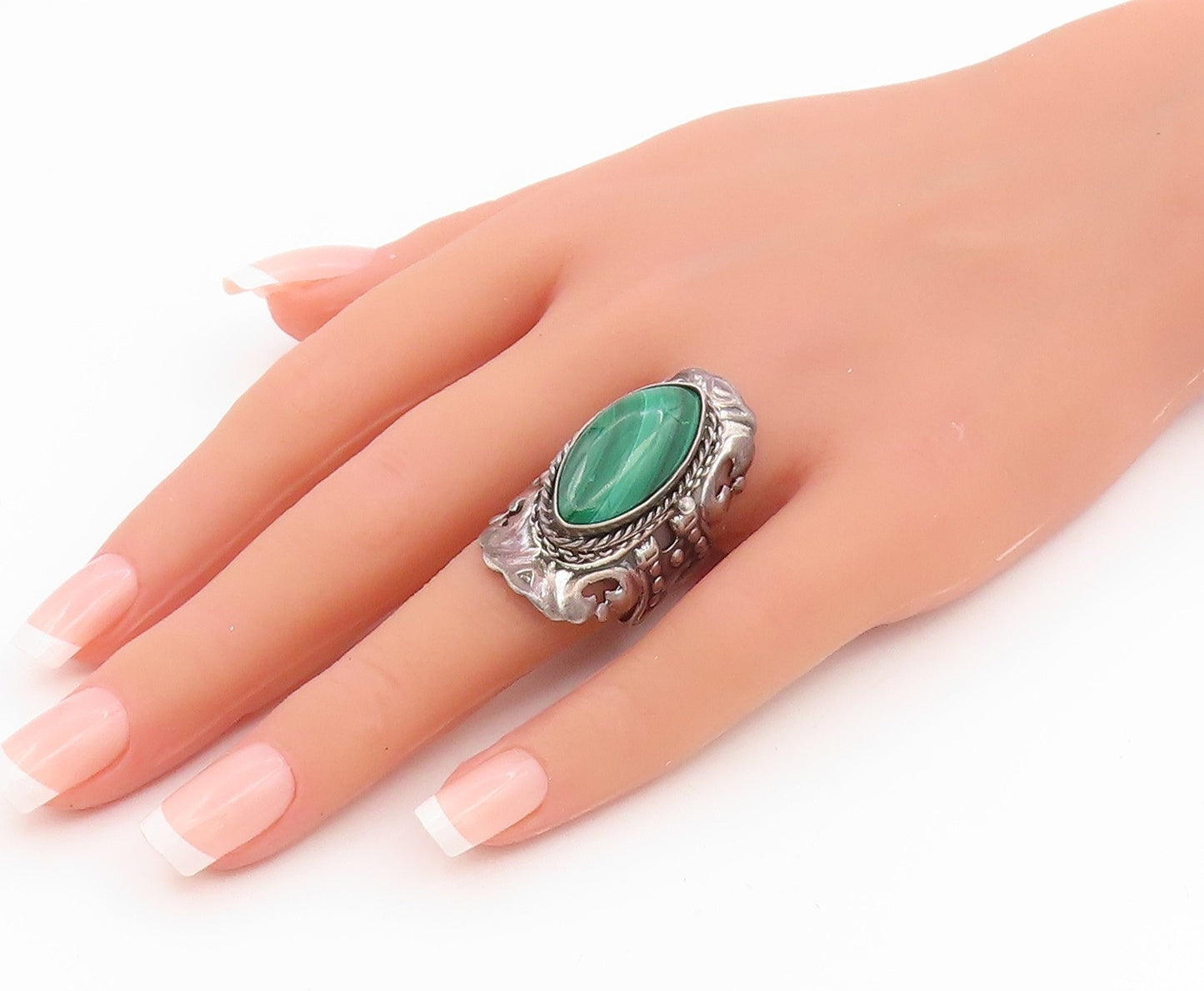 925 Sterling Silver Vintage Ring TAXCO MEXICO Malachite (OPENS)  Sz 6.5  RG35428