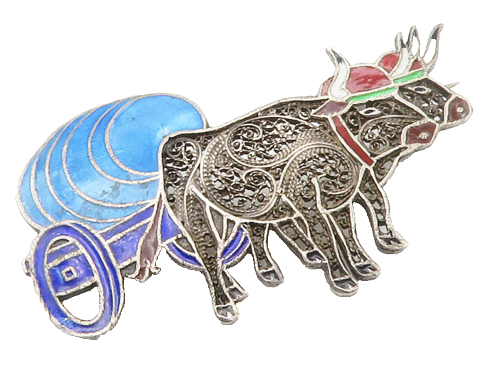 925 Silver  Vintage Antique Enamel Filigree Bull Carriage Brooch Pin  BP5561