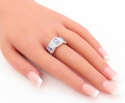 925 Sterling Silver Vintage Ring Rectangle Cut Blue & CZ Inlay  Sz 7  RG29497