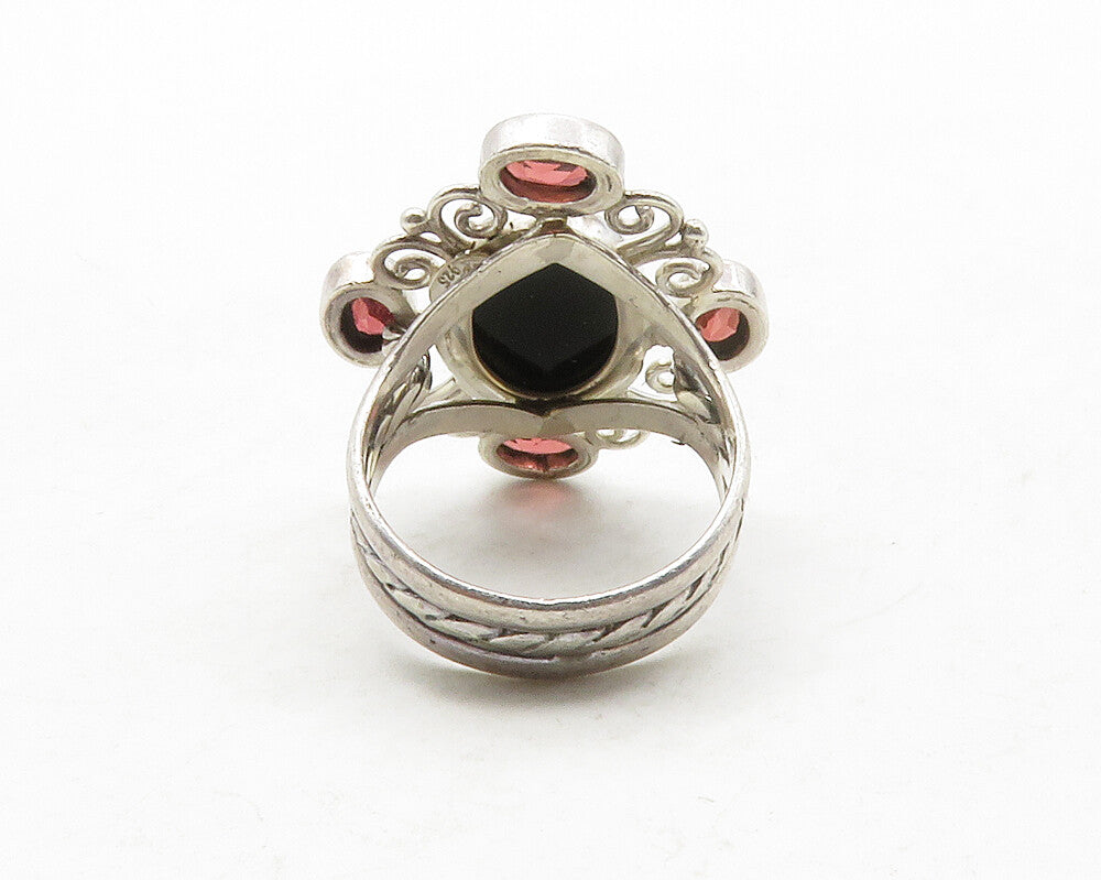 925 Sterling Silver  Black Onyx & Red Topaz Swirl Cocktail Ring Sz 7  RG13296