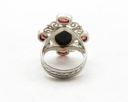 925 Sterling Silver  Black Onyx & Red Topaz Swirl Cocktail Ring Sz 7  RG13296