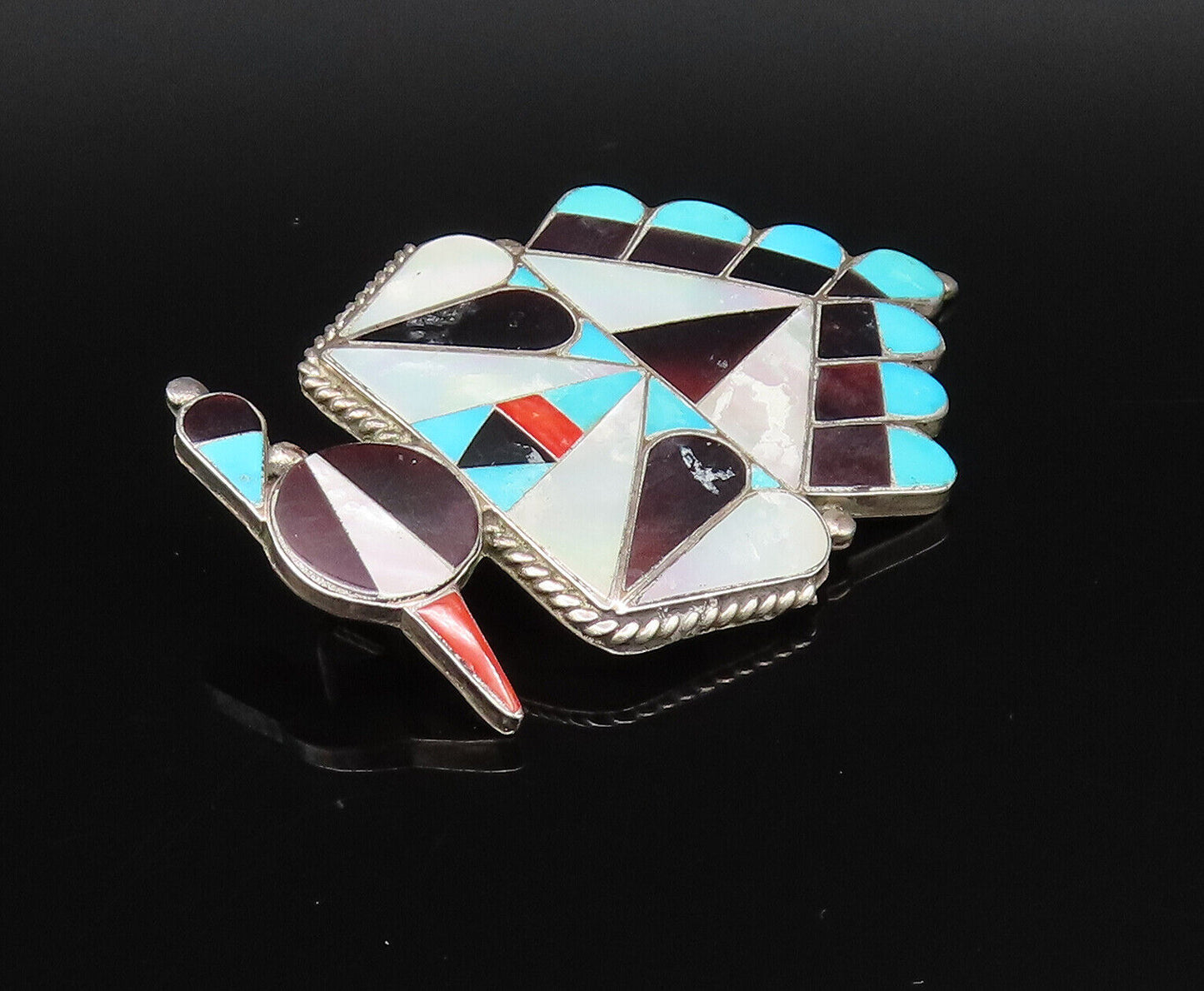 ZUNI NAVAJO 925 Silver  Vintage Onyx & Stones Peyote Bird Brooch Pin  BP10045