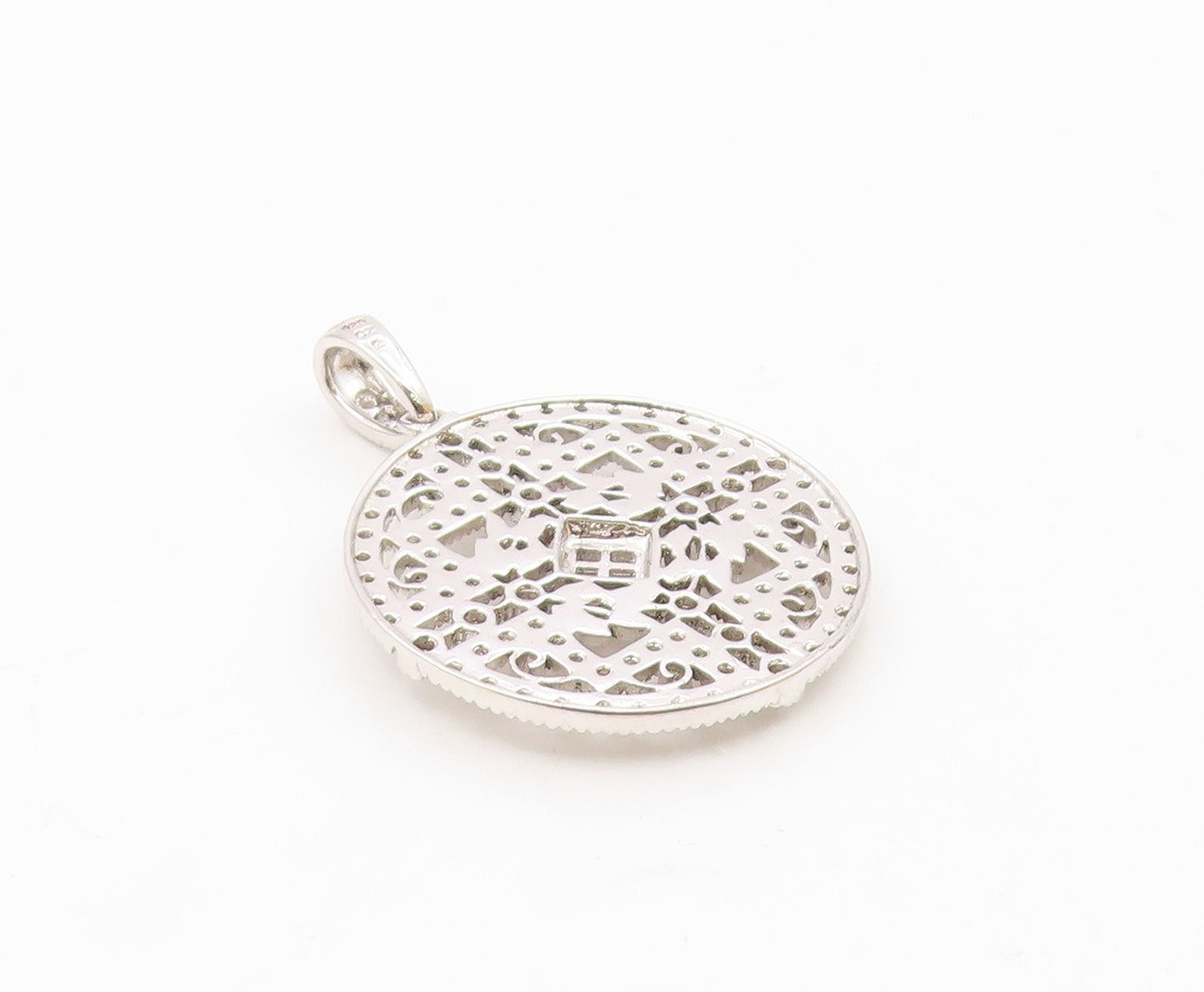 925 Sterling Silver  Vintage Cubic Zirconia Floral Vine Round Pendant  PT14435