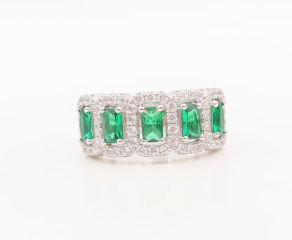 925 Sterling Silver Vintage Ring Rectangle Green Halo White CZ  Sz 7.5  RG30483