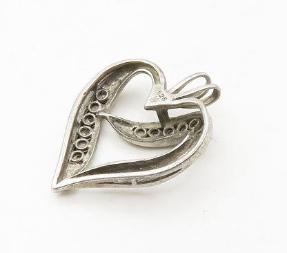 925 Sterling Silver  Vintage Genuine Diamonds Open Love Heart Pendant  PT12948