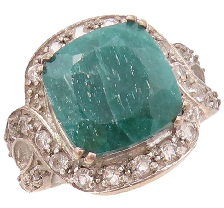 925 Sterling Silver Vintage Ring Square Cut Gemstone & CZ Inlay  Sz 7  RG30597