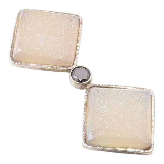 925 Sterling Silver  Vintage White Druzy Stone & Hematite Pendant  PT14295