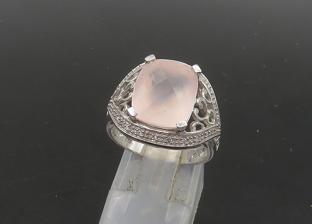 925 Silver  Vintage Rose Quartz & Diamonds Cocktail Ring Sz 7.5  RG23091