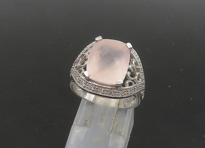 925 Silver  Vintage Rose Quartz & Diamonds Cocktail Ring Sz 7.5  RG23091