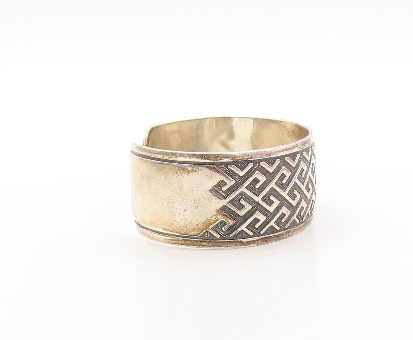 925 Sterling Silver Vintage Bracelet Solid Broad Band Maze Key Carved  BT10920