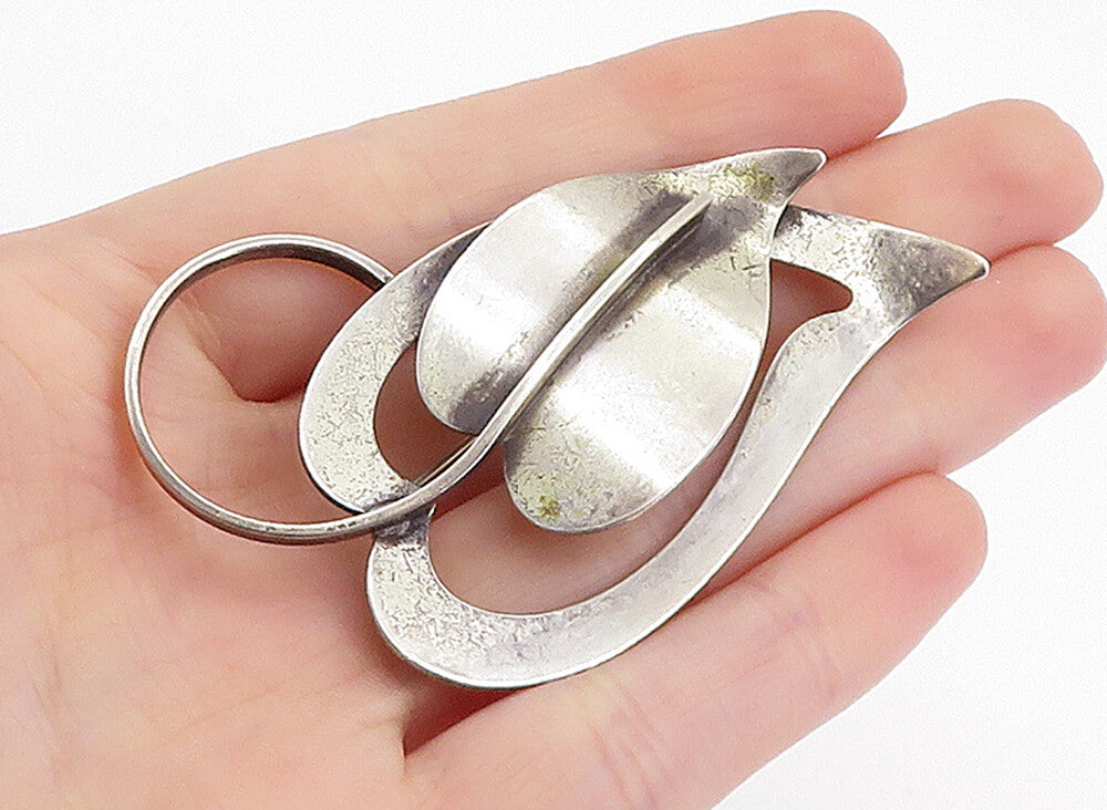 BEAU 925 Sterling Silver  Vintage Modernist Floral Leaf Brooch Pin  BP2363