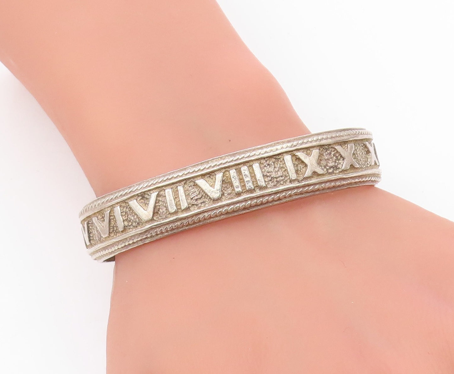925 Sterling Silver Vintage Bracelet Bold Roman Numerals Rope Edge Cuff  BT11564