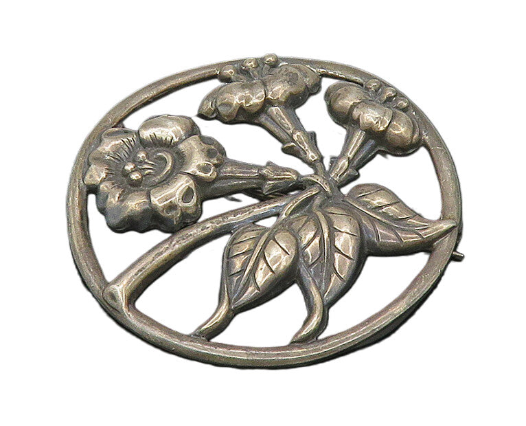 DANECRAFT 925 Silver  Vintage Dark Tone Floral Motif Round Brooch Pin  BP7027