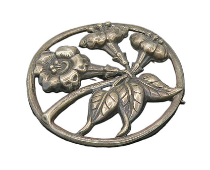 DANECRAFT 925 Silver  Vintage Dark Tone Floral Motif Round Brooch Pin  BP7027